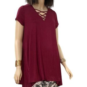 Burgundy Red Short Sleeve Crisscross Tunic Top NEW
